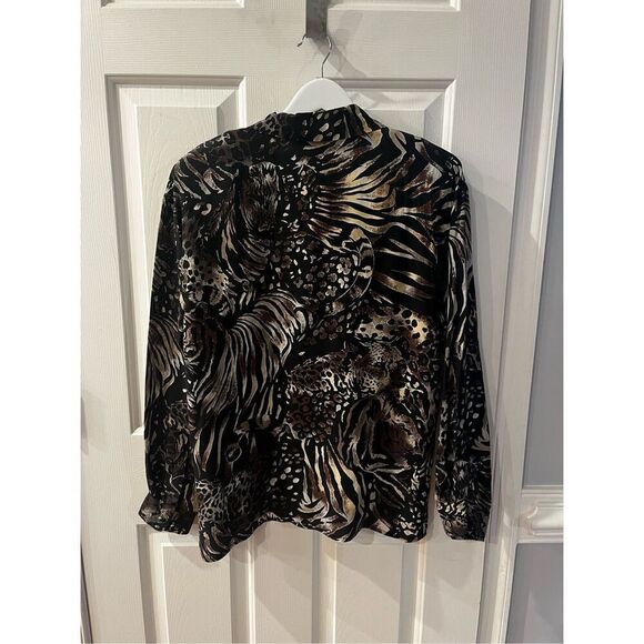 Fu Da Silk Black & Tan Zebra Tiger Print Button Up Blouse sz M EUC - Picture 6 of 6